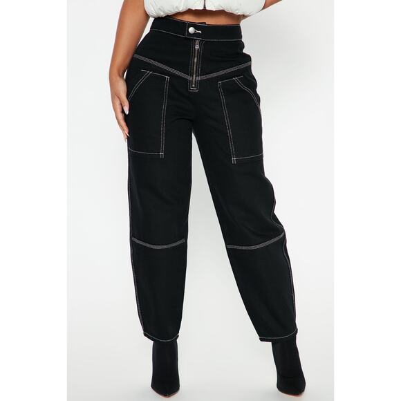 New 0 Fashion Nova Black Utility Cargo Pants Jeans High Rise Fitted Pockets - Picture 2 of 3